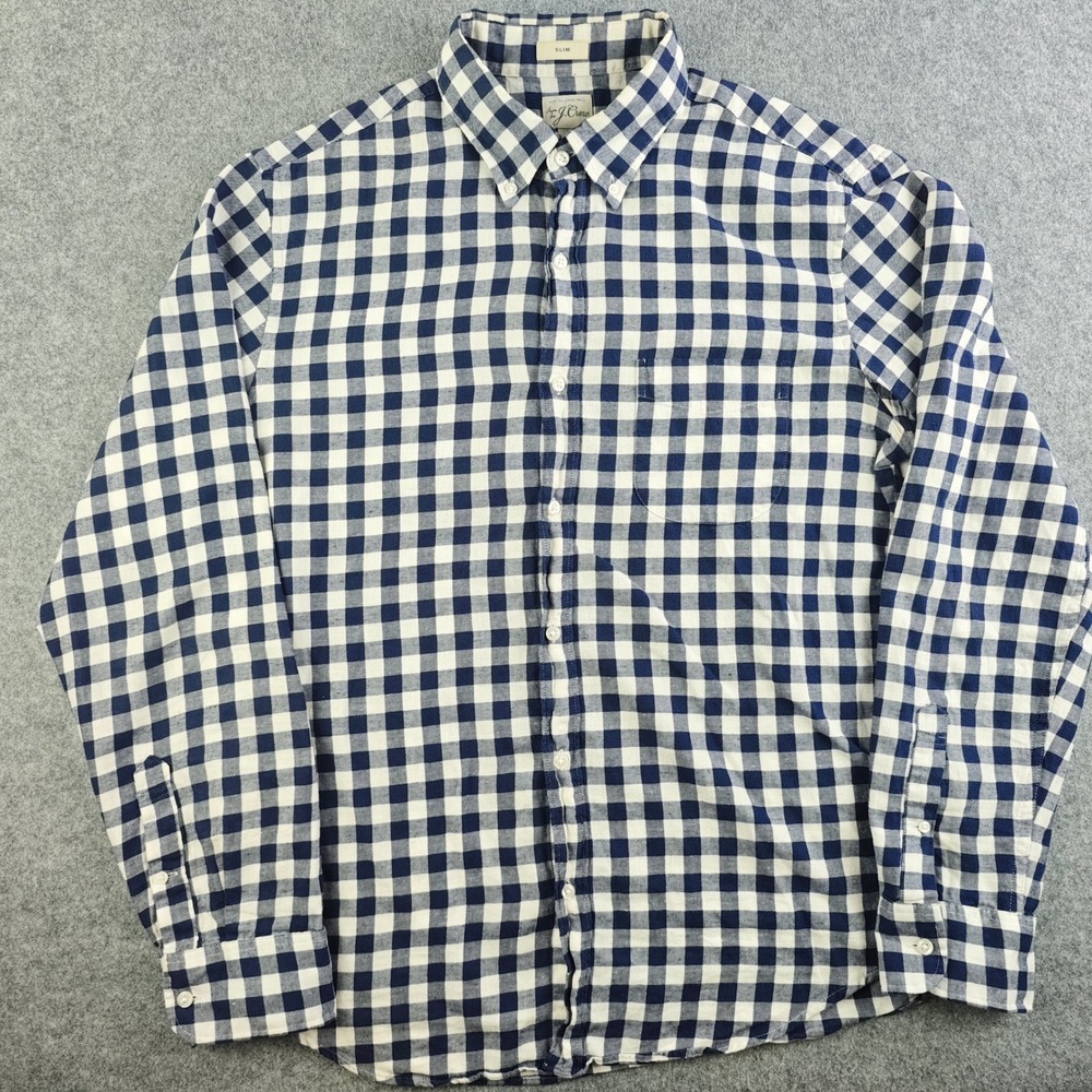 J. Crew Mens Large Slim Fit Gingham Cotton Linen Twill Button Down Shirt Blue